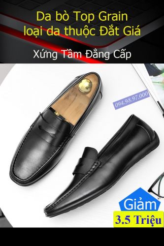 Giày Lười nam da bò Top Grain Cao Cấp LZ081 Đen